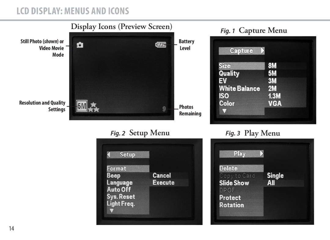 Bushnell 111545 user manual LCD Display Menus and Icons, Display Icons Preview Screen Capture Menu 