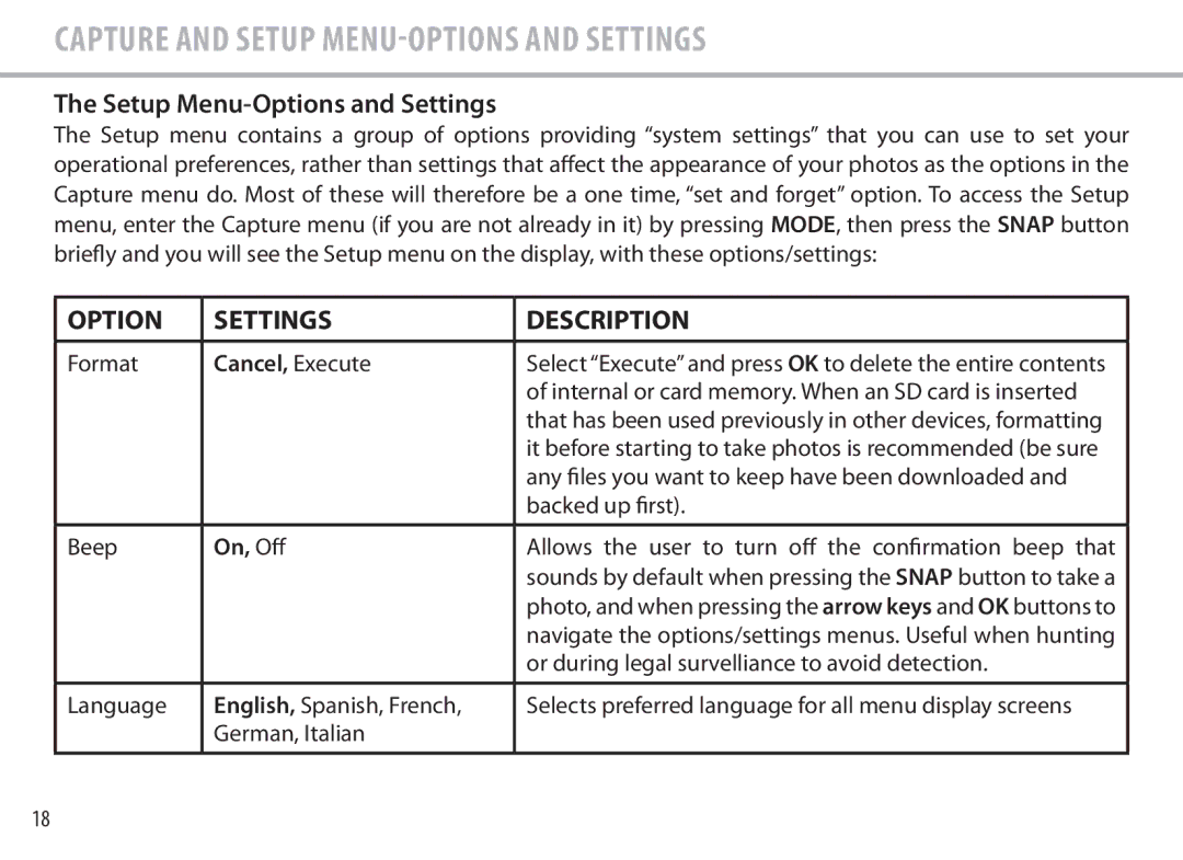 Bushnell 111545 user manual Setup Menu-Options and Settings 