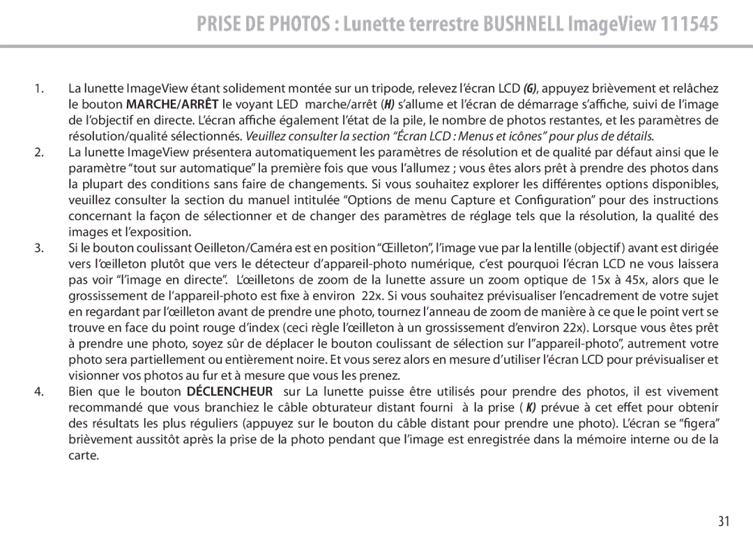 Bushnell 111545 user manual Prise DE Photos Lunette terrestre Bushnell ImageView 