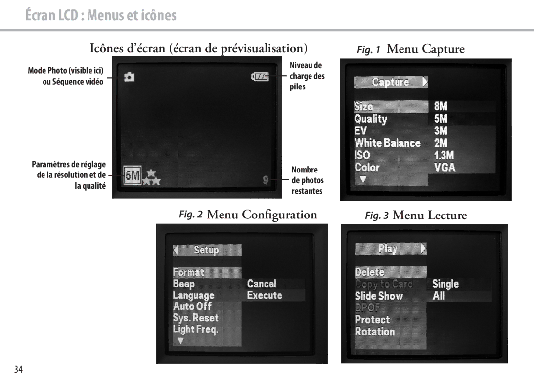 Bushnell 111545 user manual Écran LCD Menus et icônes, Icônes d’écran écran de prévisualisation Menu Capture 