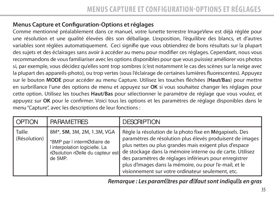 Bushnell 111545 user manual Menus Capture et Configuration-Options et réglages 