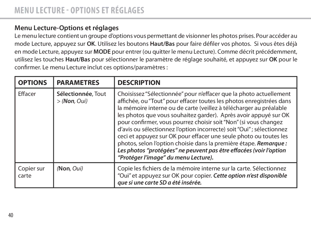 Bushnell 111545 user manual Menu Lecture Options et réglages, Menu Lecture-Options et réglages, Effacer, Copier sur, Carte 