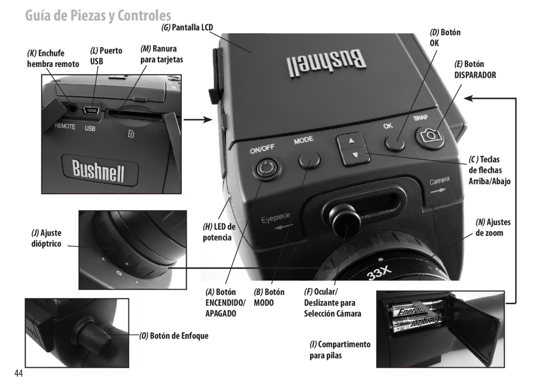 Bushnell 111545 user manual Guía de Piezas y Controles, Para tarjetas 