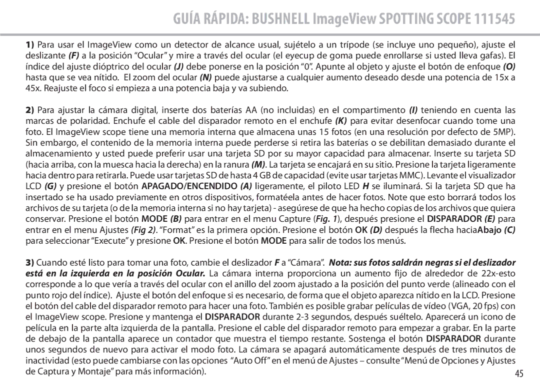 Bushnell 111545 user manual Guía Rápida Bushnell ImageView Spotting Scope 