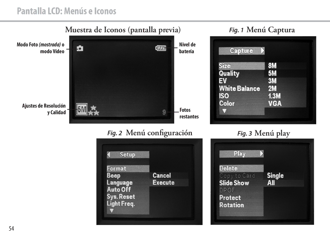 Bushnell 111545 user manual Pantalla LCD Menús e Iconos, Muestra de Iconos pantalla previa 