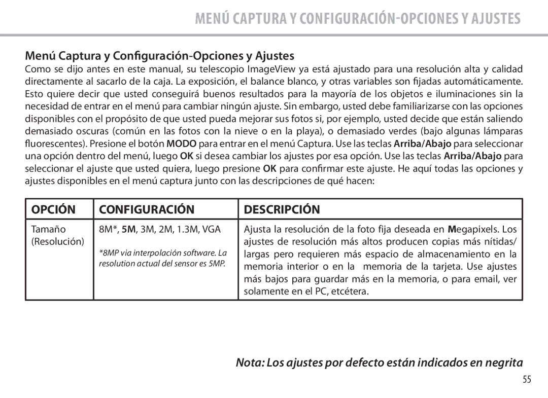 Bushnell 111545 Menú Captura y Configuración-Opciones y Ajustes, Tamaño, Resolución, Solamente en el PC, etcétera 