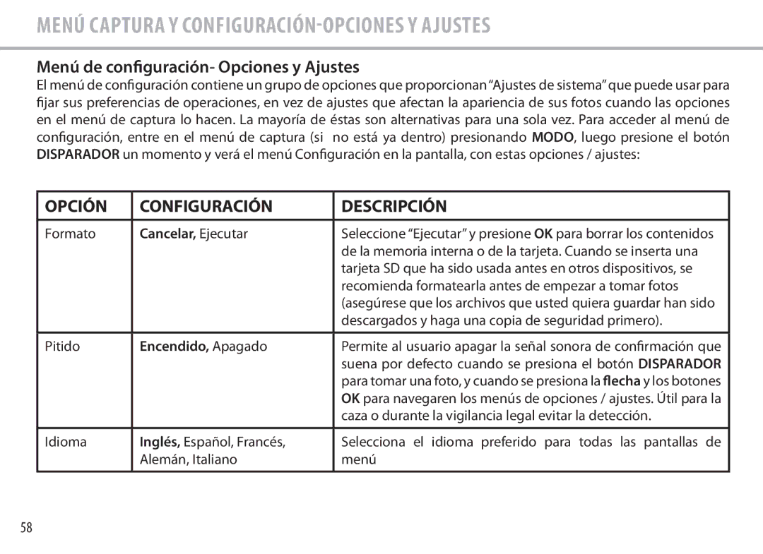 Bushnell 111545 user manual Menú de configuración- Opciones y Ajustes 