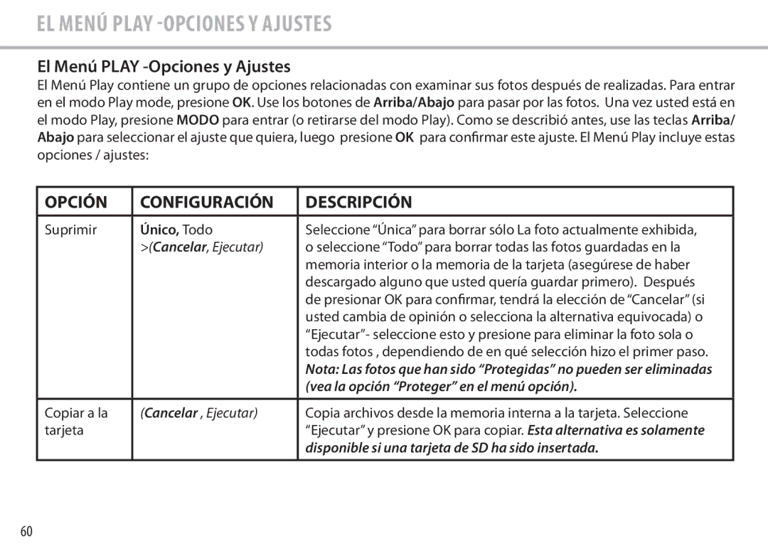 Bushnell 111545 user manual El Menú Play -Opciones y Ajustes, Suprimir, Copiar a la, Tarjeta 