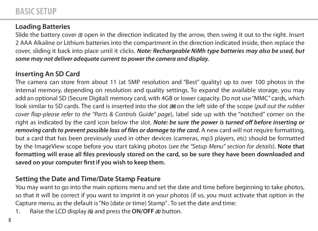 Bushnell 111545 user manual Loading Batteries, Inserting An SD Card, Setting the Date and Time/Date Stamp Feature 