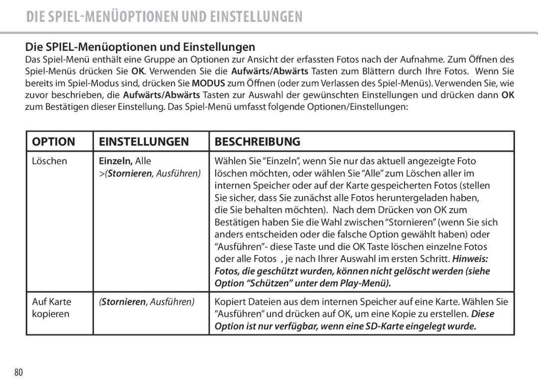 Bushnell 111545 user manual Die SPIEL-Menüoptionen und Einstellungen 