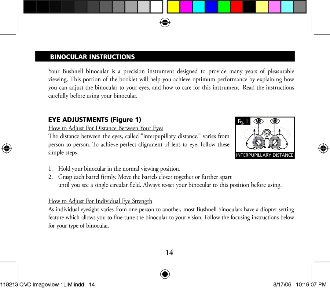 Bushnell 118213 manual Binocular Instructions 