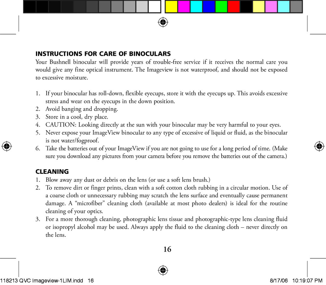 Bushnell 118213 manual Instructions for Care of Binoculars 