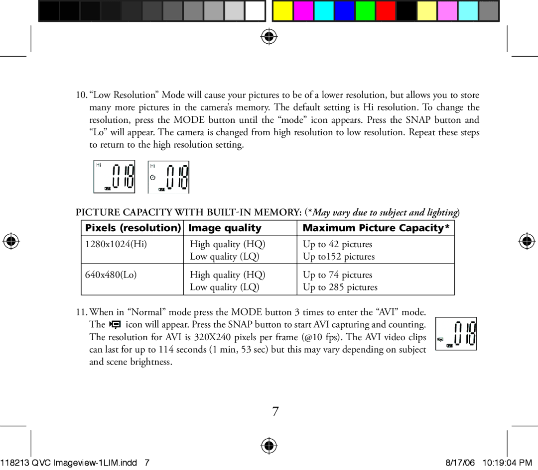 Bushnell 118213 manual Pixels resolution Image quality Maximum Picture Capacity 