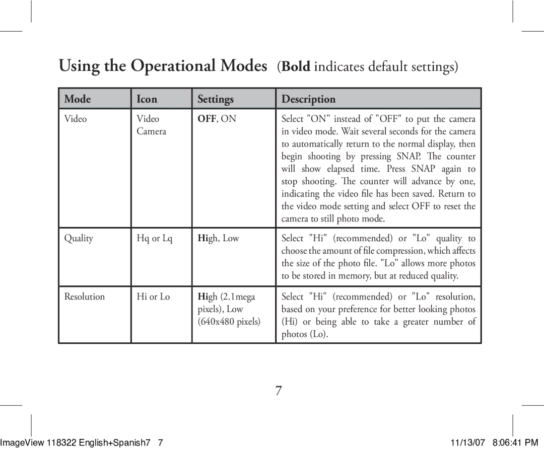 Bushnell 118322 Using the Operational Modes Bold indicates default settings, Mode Icon Settings Description 