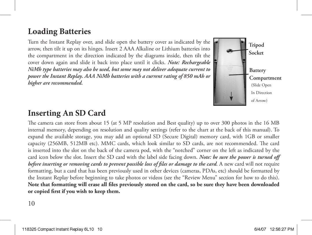 Bushnell 118325 instruction manual Loading Batteries, Inserting An SD Card, Tripod Socket 