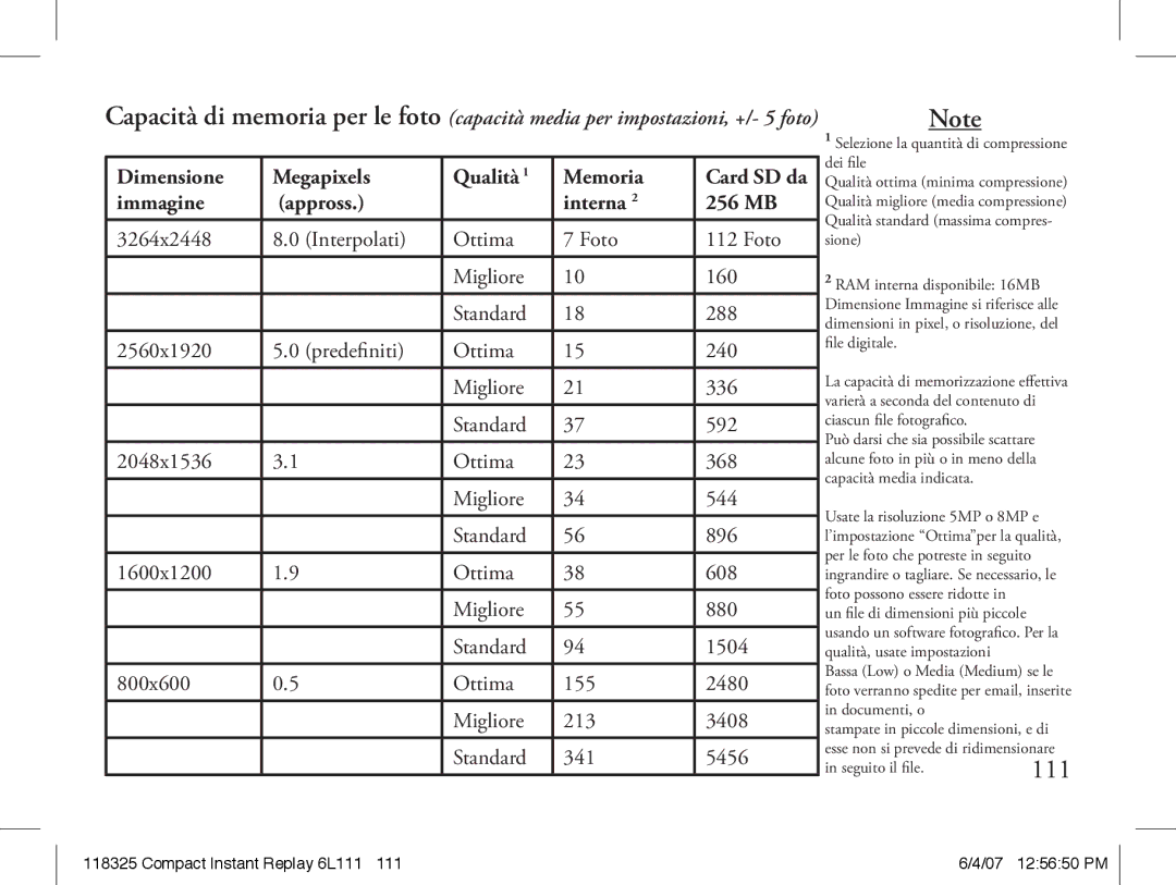 Bushnell 118325 instruction manual Dimensione Megapixels Qualità Memoria, Immagine Appross Interna 256 MB 
