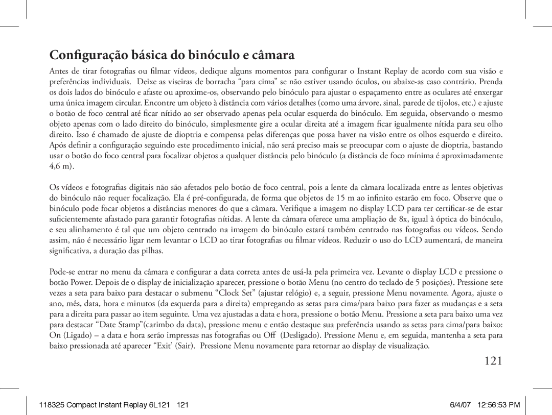 Bushnell 118325 instruction manual Configuração básica do binóculo e câmara 