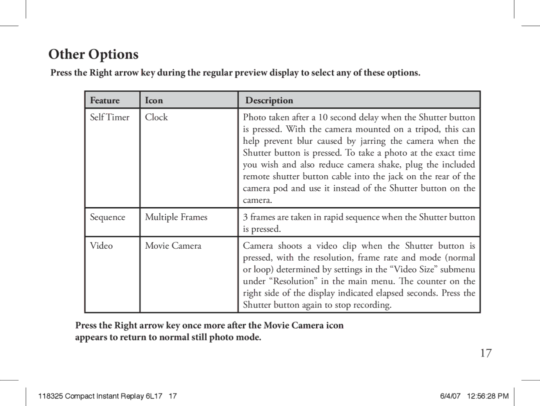 Bushnell 118325 instruction manual Other Options, Self Timer Clock, Sequence Multiple Frames, Is pressed 