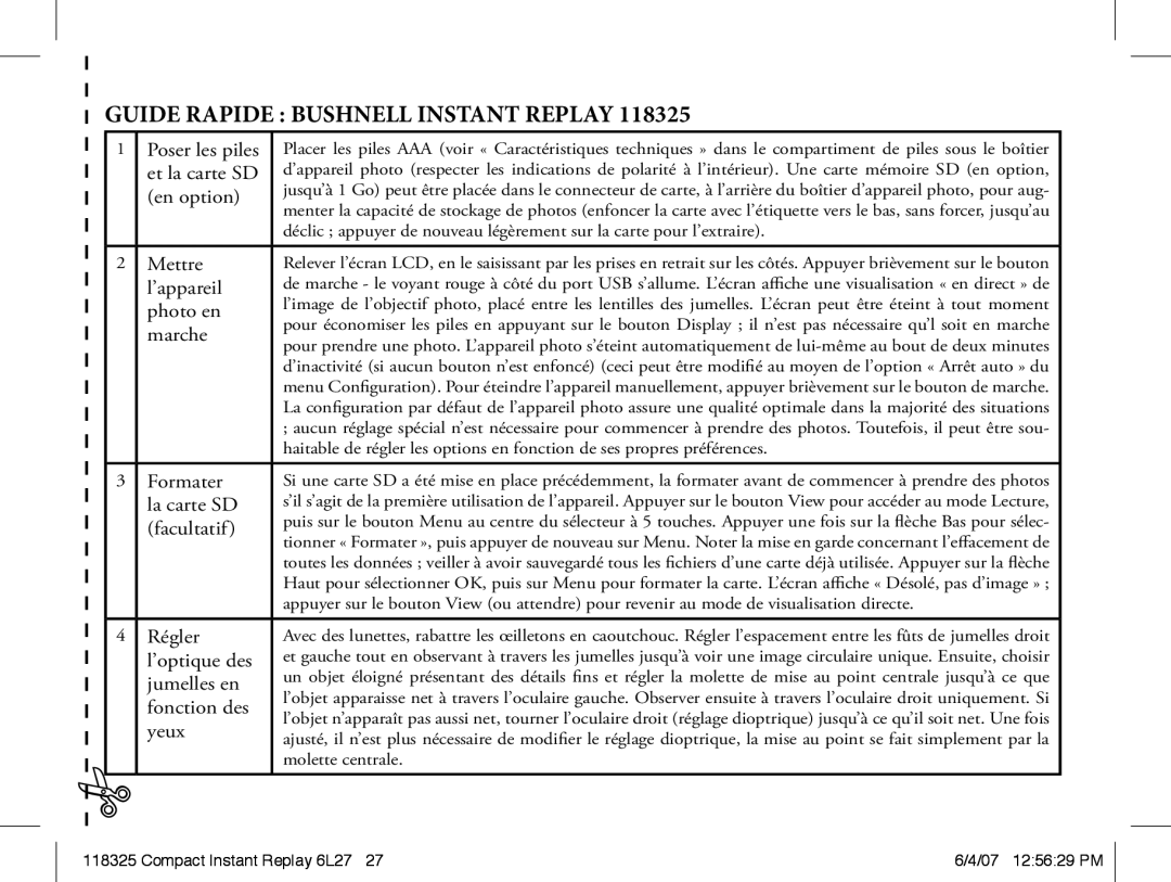 Bushnell 118325 instruction manual Guide Rapide Bushnell Instant Replay 