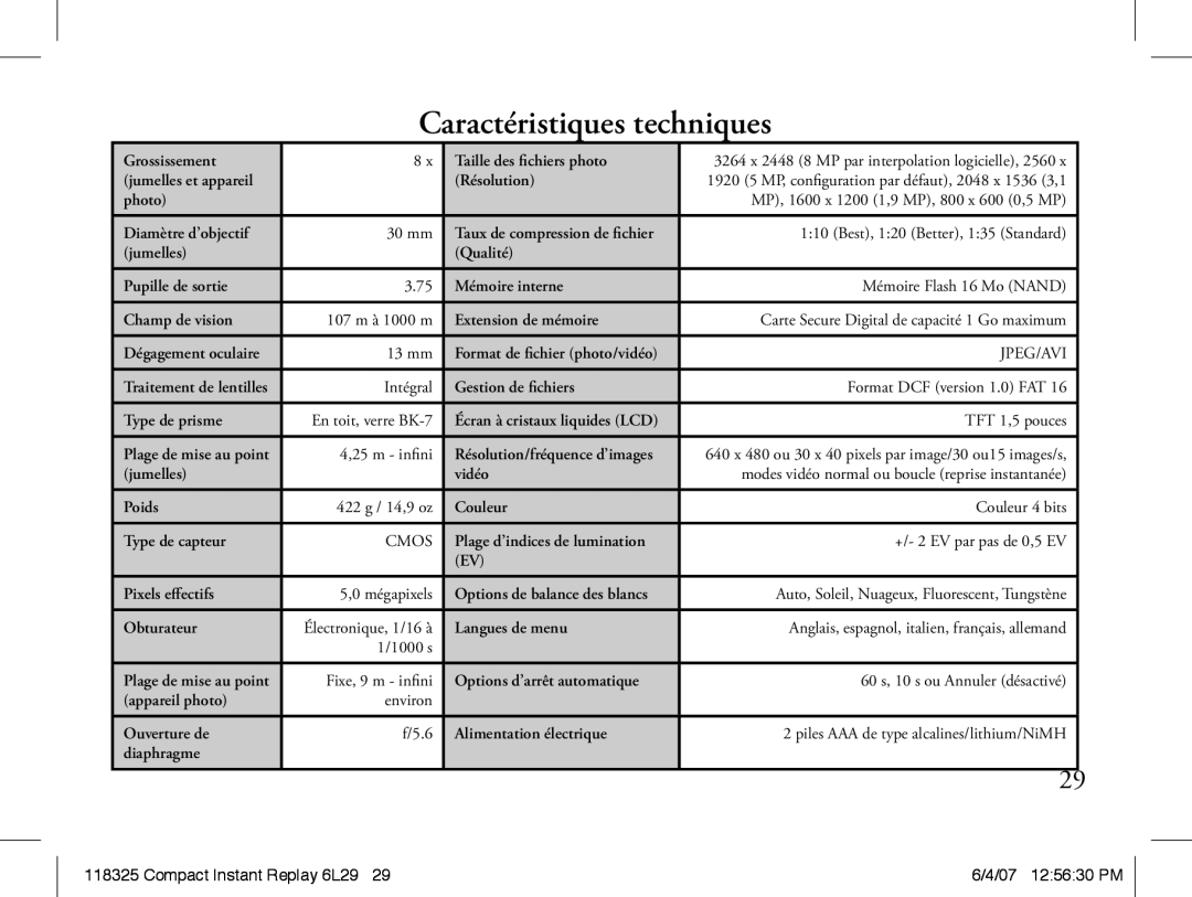 Bushnell 118325 instruction manual Caractéristiques techniques, Jpeg/Avi 