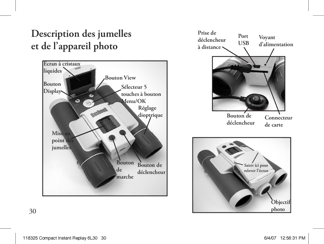 Bushnell 118325 instruction manual Prise de Port Voyant Déclencheur, Distance, Bouton Display, Bouton View, De carte 