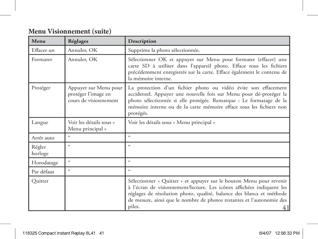 Bushnell 118325 instruction manual Menu Visionnement suite, Menu Réglages Description 