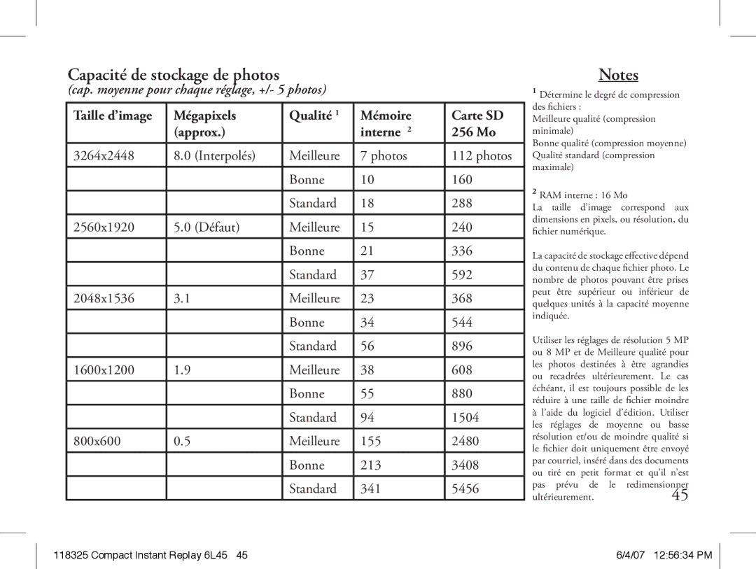 Bushnell 118325 Capacité de stockage de photos, Mégapixels Qualité Mémoire Carte SD Approx Interne 256 Mo 