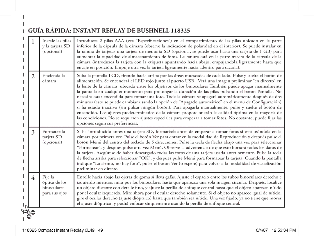 Bushnell 118325 instruction manual Guía Rápida Instant Replay DE Bushnell 