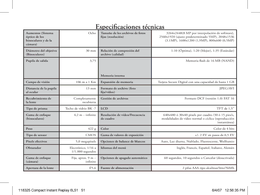 Bushnell 118325 instruction manual Especificaciones técnicas, Jpeg/Avi 