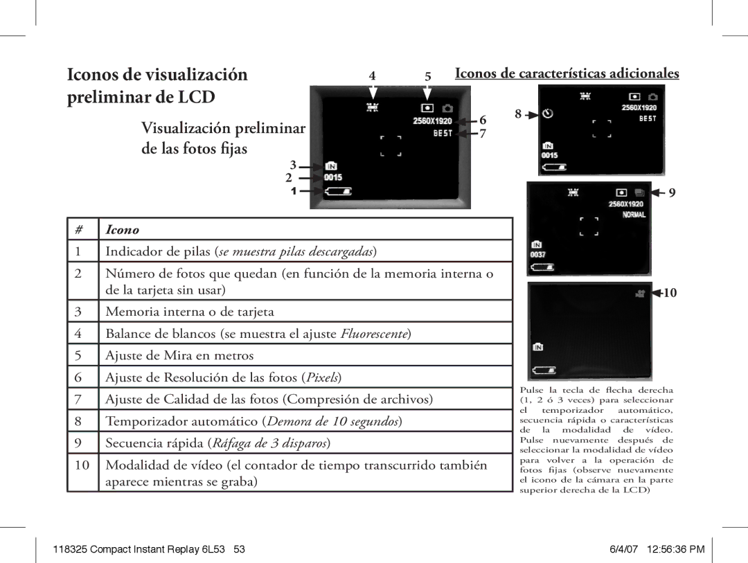 Bushnell 118325 instruction manual Iconos de visualización, Preliminar de LCD, Visualización preliminar De las fotos fijas 