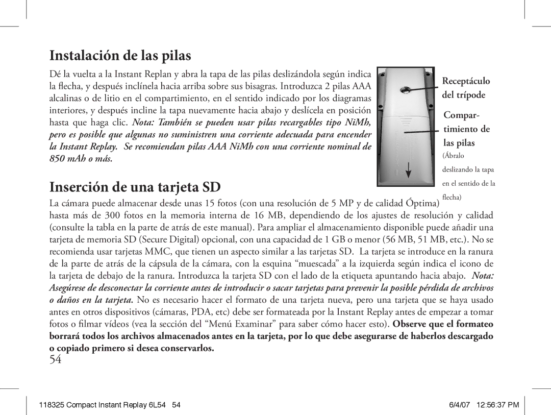 Bushnell 118325 instruction manual Instalación de las pilas, Inserción de una tarjeta SD, Del trípode, Compar, Las pilas 