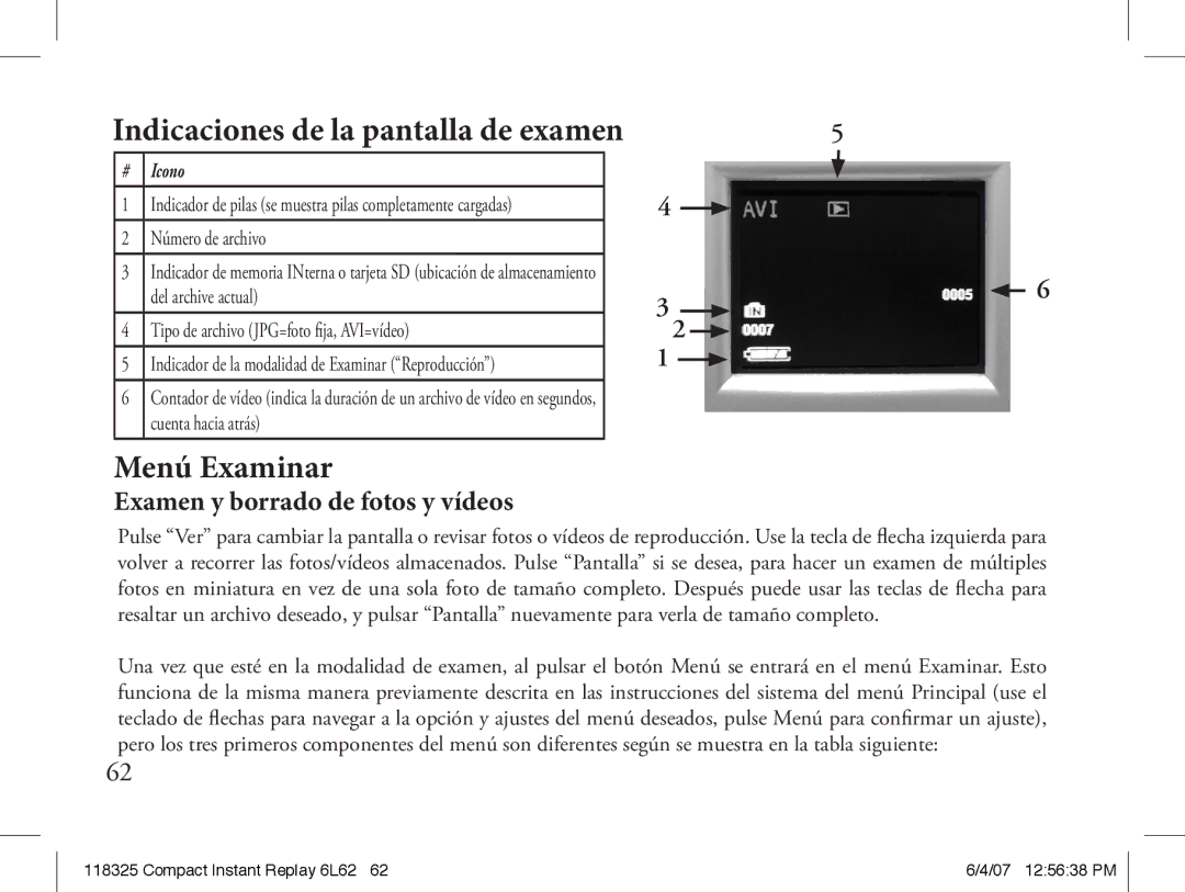 Bushnell 118325 instruction manual Indicaciones de la pantalla de examen, Menú Examinar, Examen y borrado de fotos y vídeos 