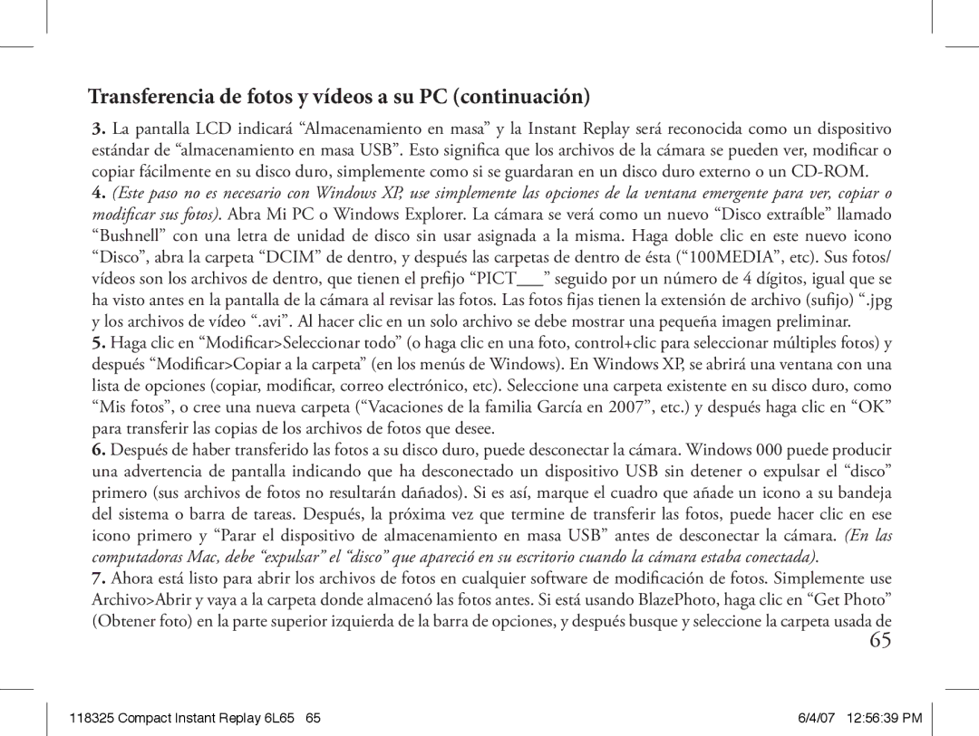Bushnell 118325 instruction manual Transferencia de fotos y vídeos a su PC continuación 