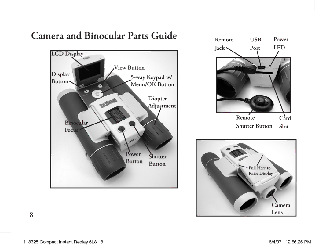 Bushnell 118325 instruction manual Remote, Jack Port, Slot, Camera Lens 