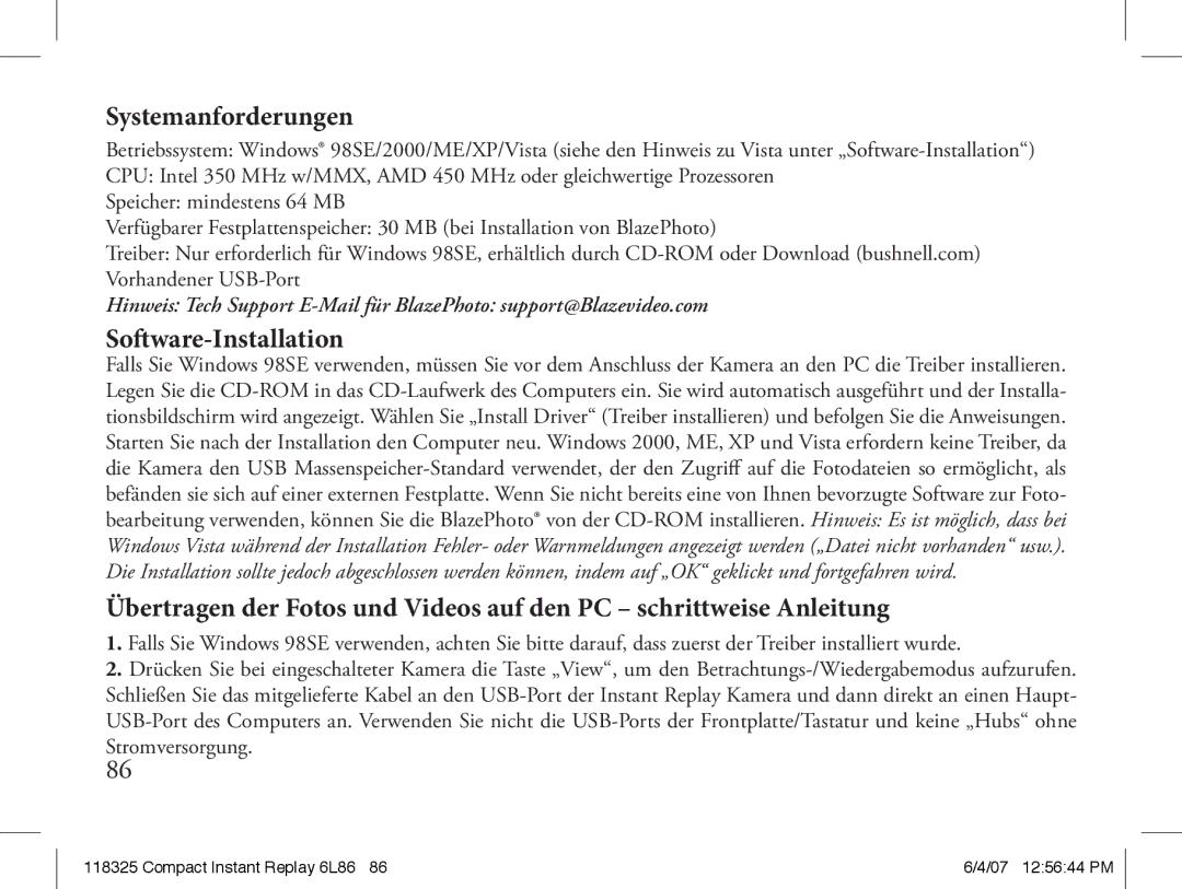 Bushnell 118325 instruction manual Systemanforderungen, Software-Installation, Stromversorgung 