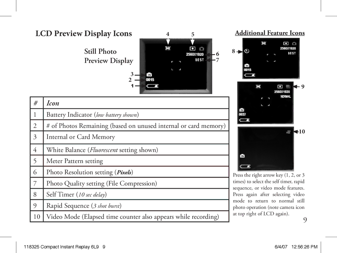 Bushnell 118325 instruction manual LCD Preview Display Icons, Still Photo Preview Display 