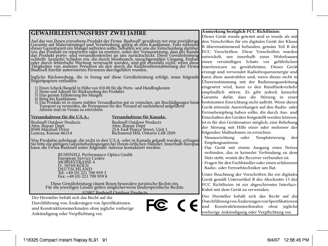 Bushnell 118325 instruction manual Gewährleistungsfrist Zwei Jahre 