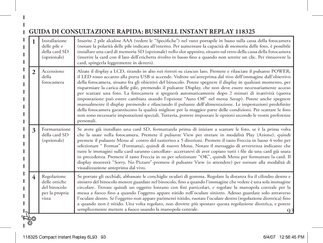 Bushnell 118325 instruction manual Guida DI Consultazione Rapida Bushnell Instant Replay 