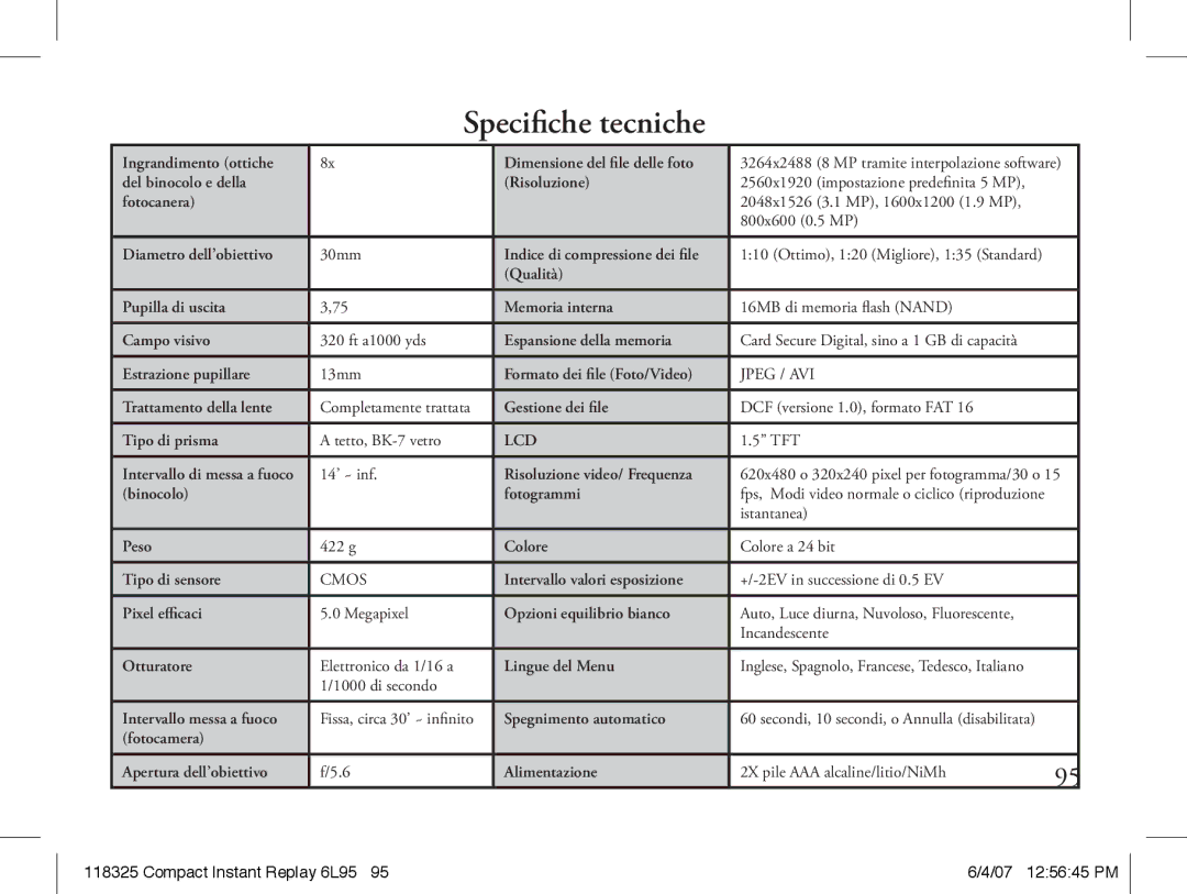 Bushnell 118325 instruction manual Specifiche tecniche, Jpeg / AVI 