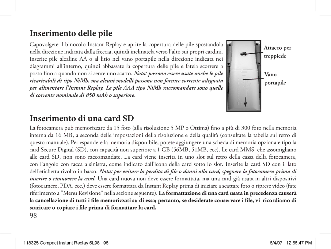 Bushnell 118325 instruction manual Inserimento delle pile, Inserimento di una card SD 