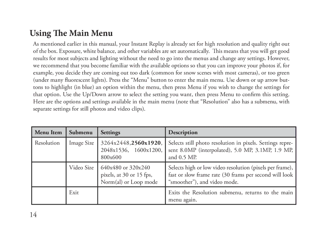 Bushnell 118325 instruction manual Using The Main Menu, Submenu Settings Description 