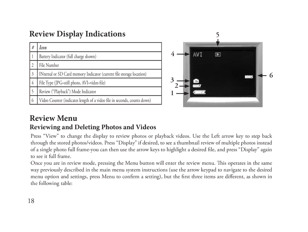 Bushnell 118325 instruction manual Review Display Indications, Review Menu, Reviewing and Deleting Photos and Videos 