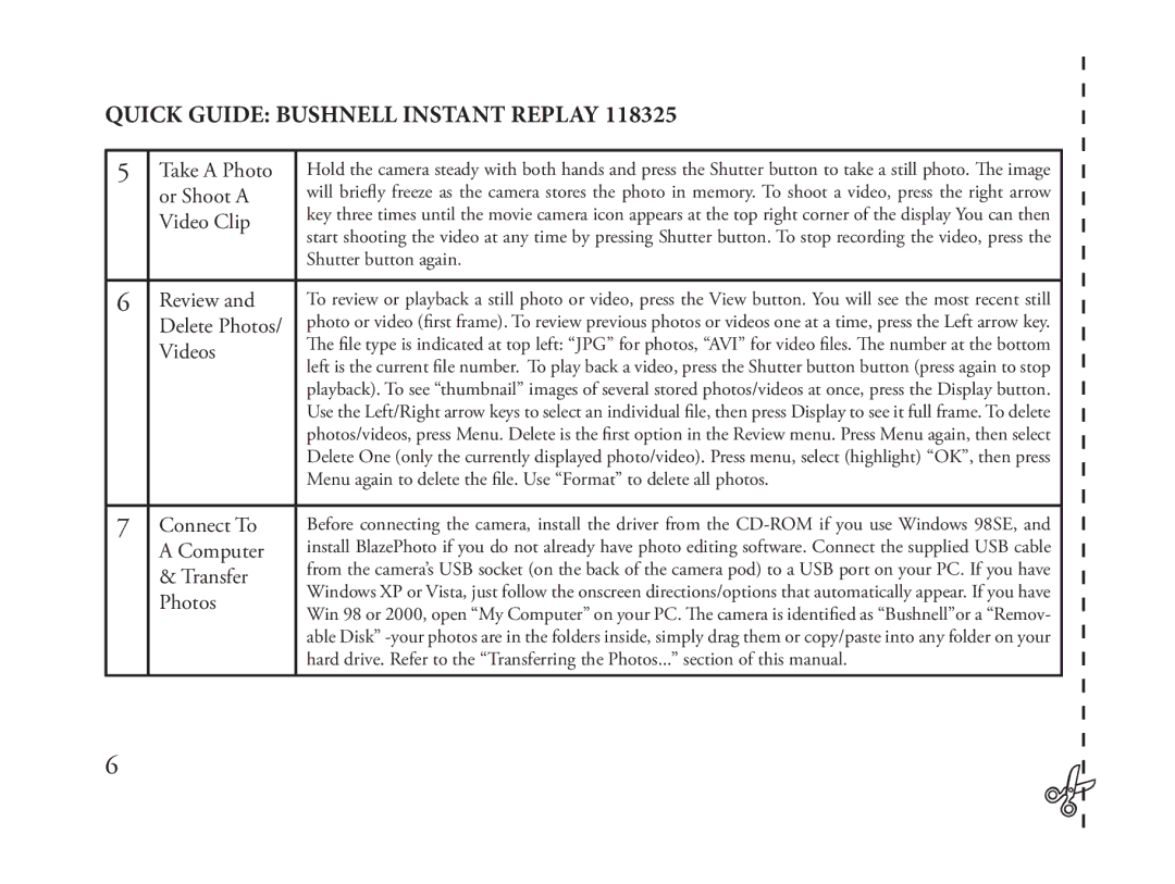 Bushnell 118325 instruction manual Video Clip, Videos, Transfer, Photos 