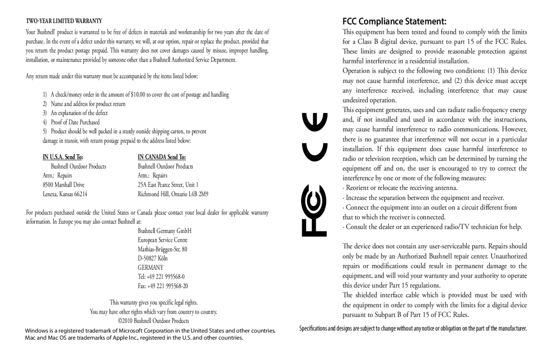 Bushnell 118326 user manual FCC Compliance Statement 