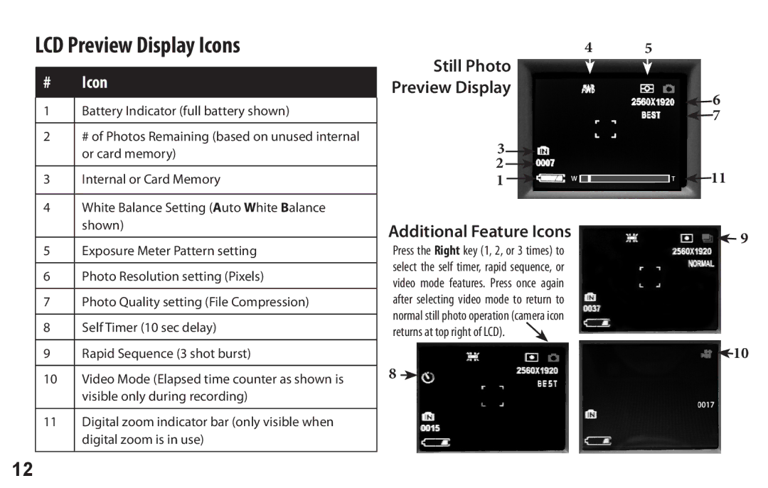 Bushnell 118326 user manual LCD Preview Display Icons, Still Photo Preview Display Additional Feature Icons 