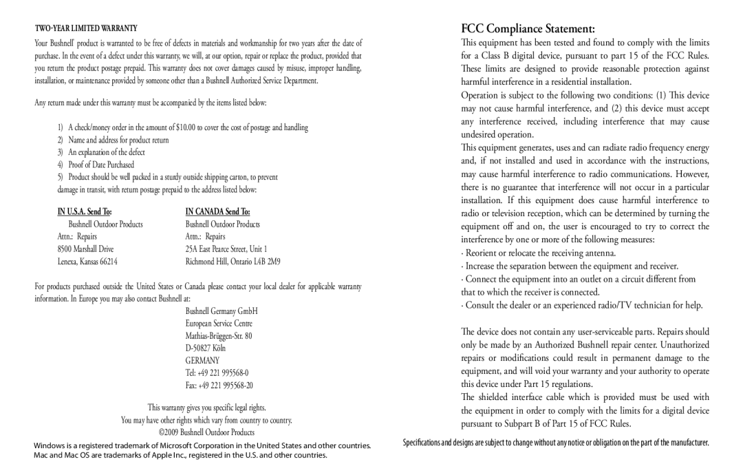 Bushnell 118326 user manual FCC Compliance Statement 