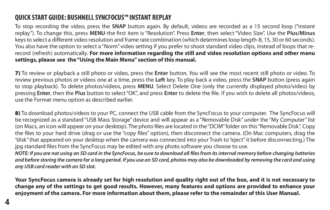 Bushnell 118326 user manual Quick Start Guide Bushnell Syncfocus Instant Replay 