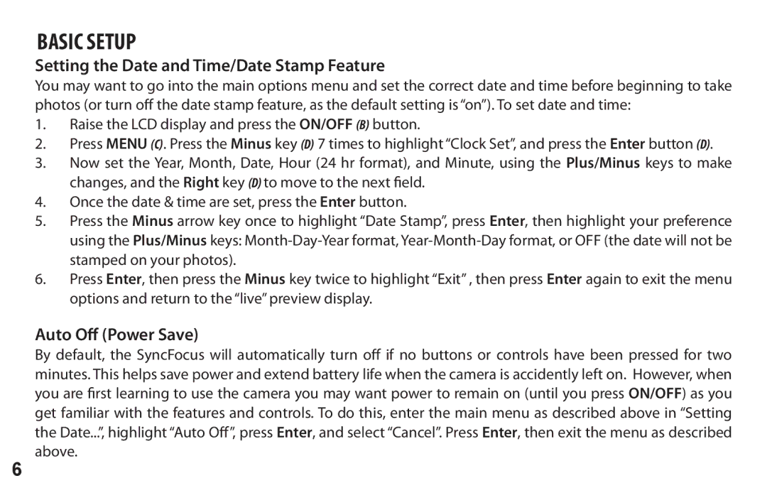 Bushnell 118326 user manual Setting the Date and Time/Date Stamp Feature, Auto Off Power Save, Above 