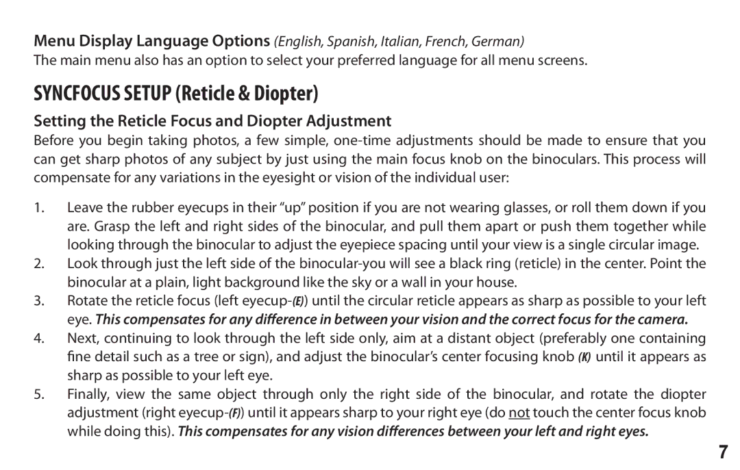 Bushnell 118326 user manual Syncfocus Setup Reticle & Diopter, Setting the Reticle Focus and Diopter Adjustment 