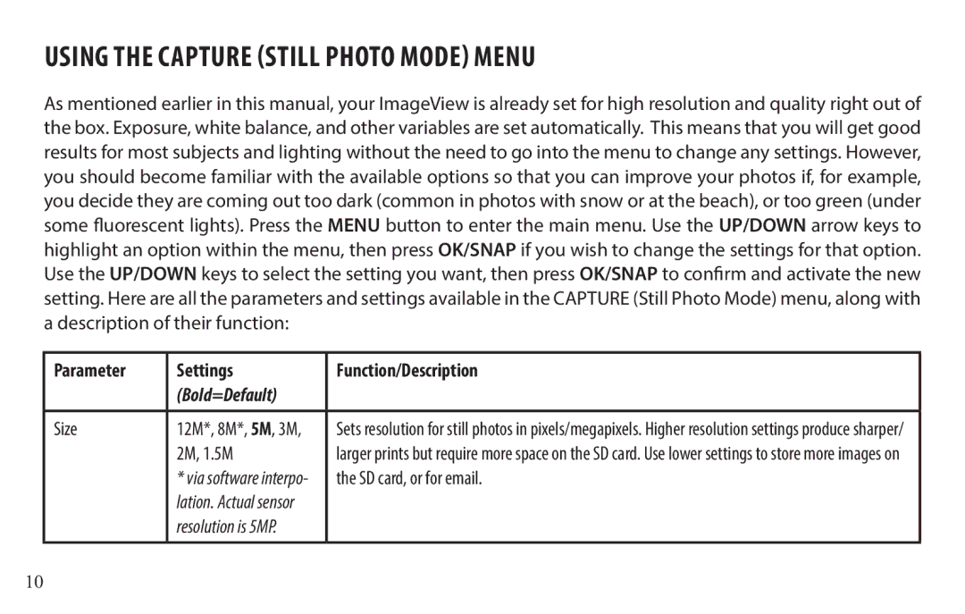 Bushnell 118328 instruction manual Parameter Settings Function/Description, Size, 2M, 1.5M, SD card, or for email 